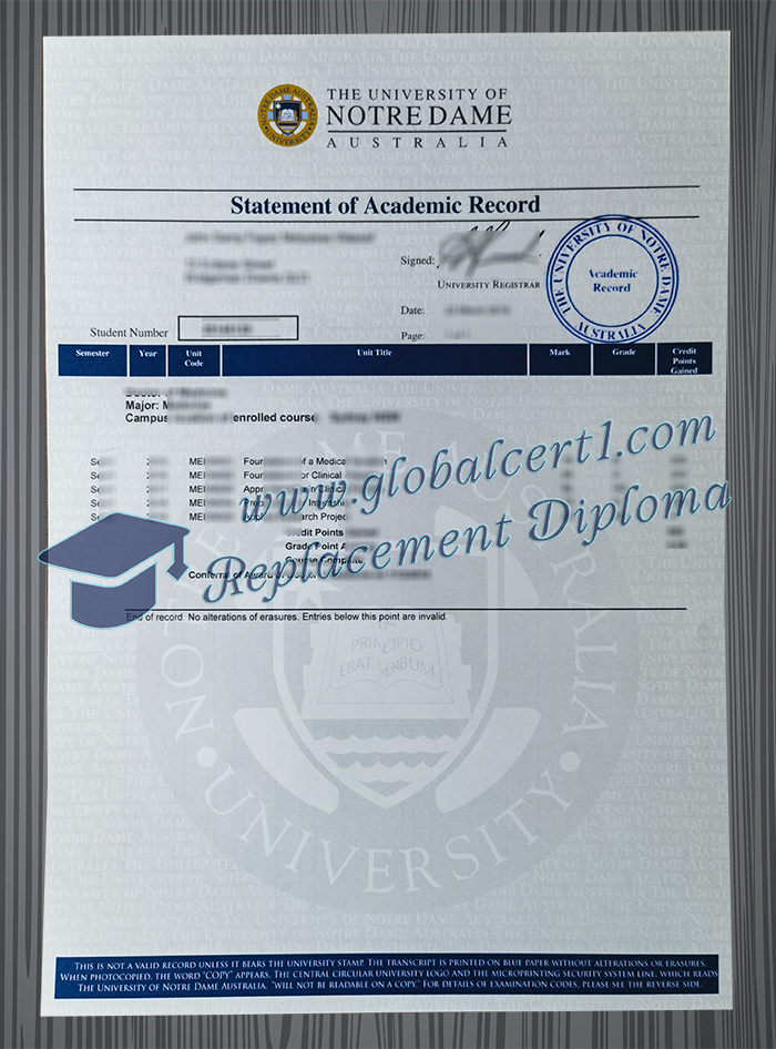 University of Notre Dame Australia transcript